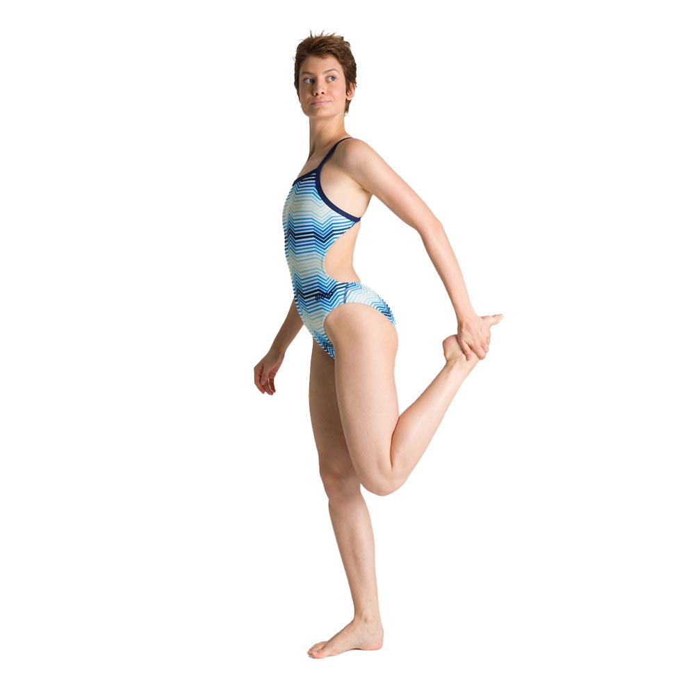 Woman wearing the arena multicoloured women's swimsuit.