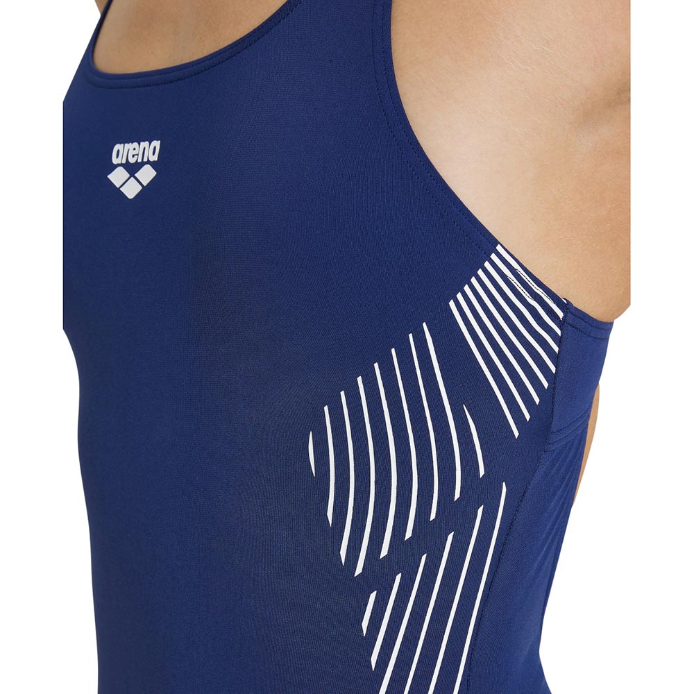 Close up of the arena womens streak swimsuit in navy.