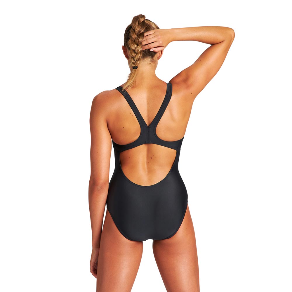 Back view of the black arena womens one piece swimsuit.