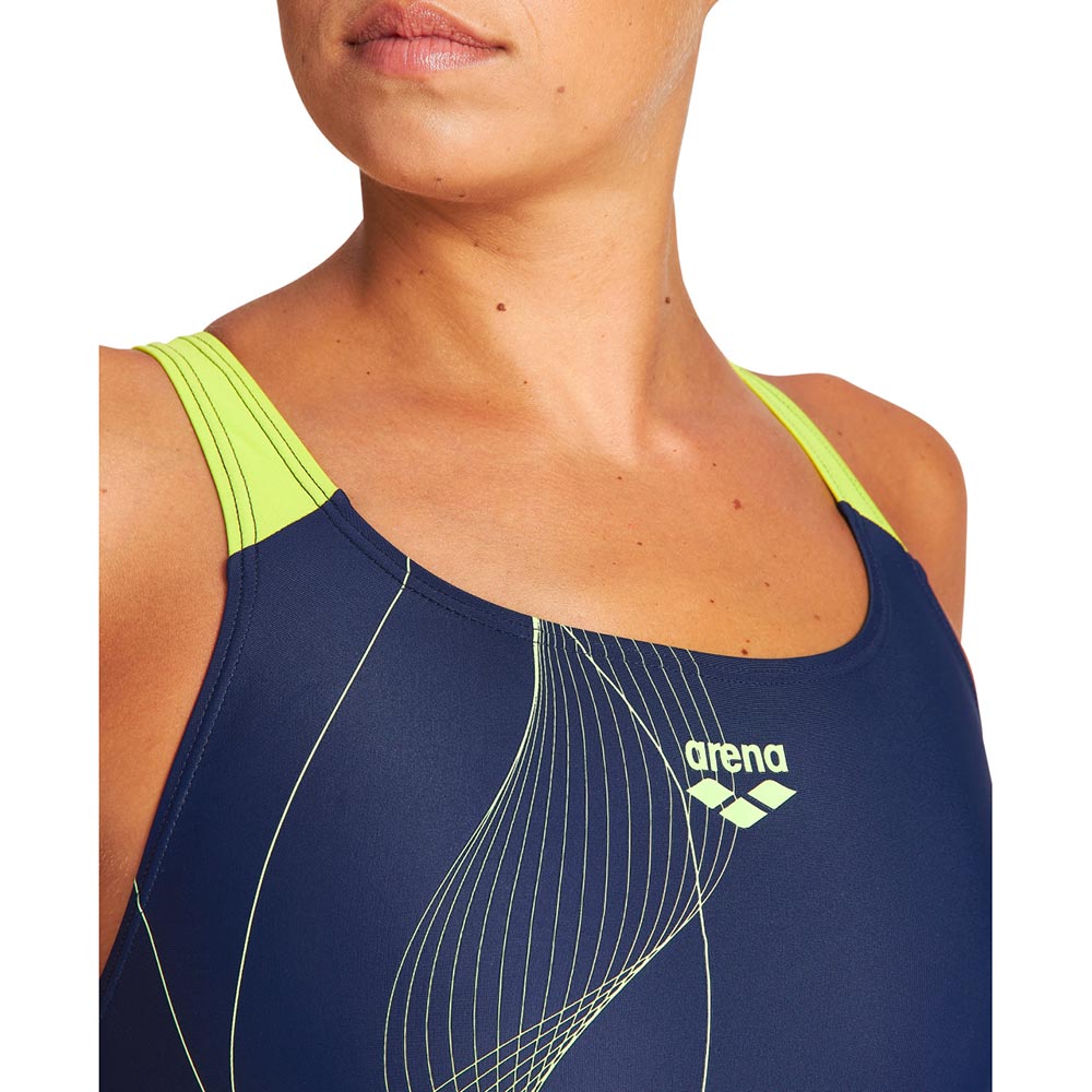 Close up of navy arena womens swimsuit with arena logo printed on the chest.