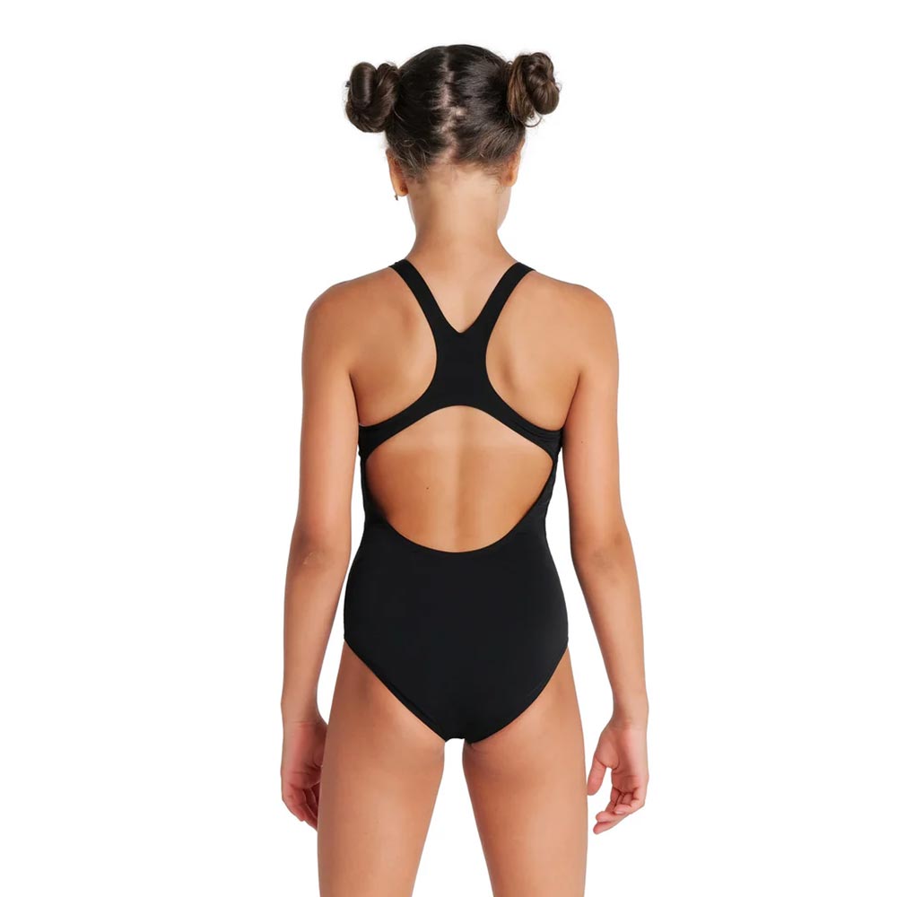 Back view of a girl wearing the arena girls team swim pro swimsuit in black.