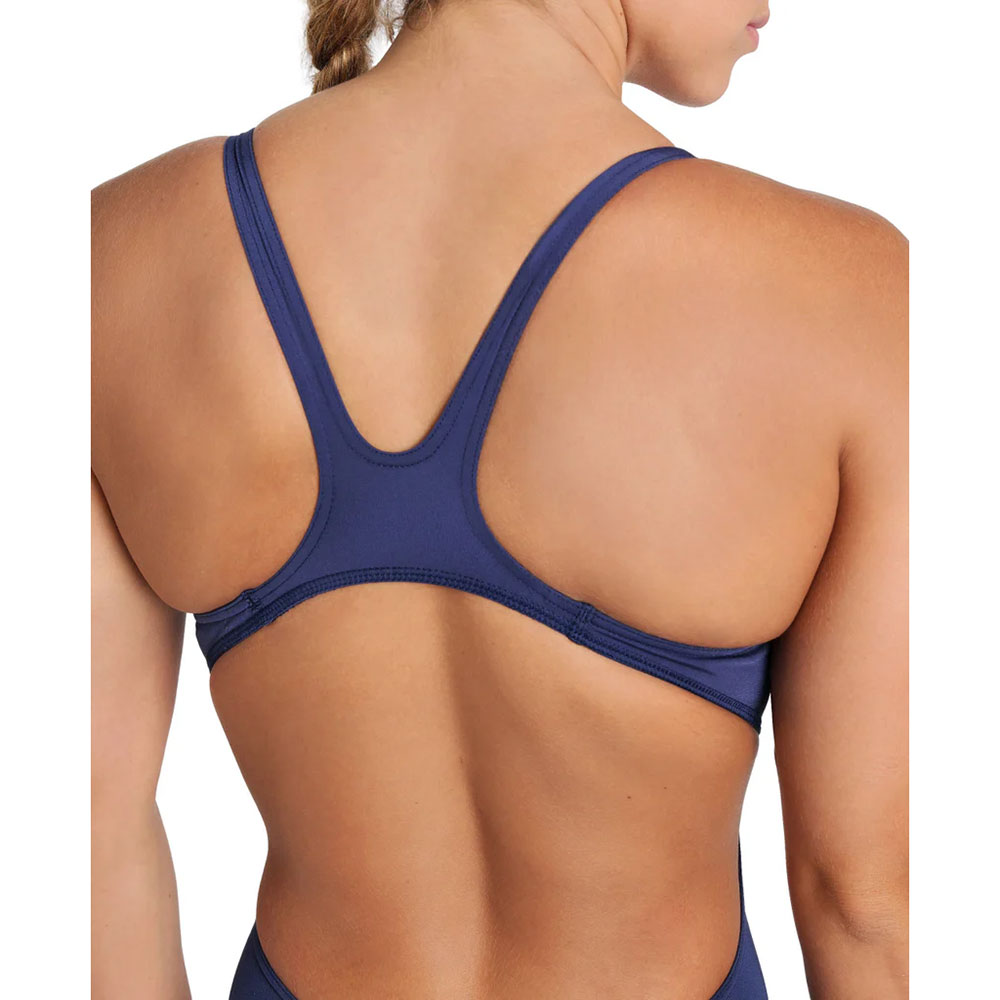 Close up of the back straps on the navy arena womens team swim tech swimsuit.
