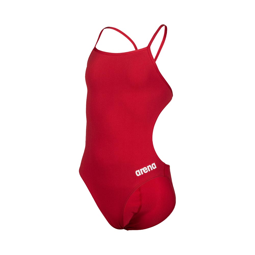 Front view of the arena girls team challenge back swimsuit in red.