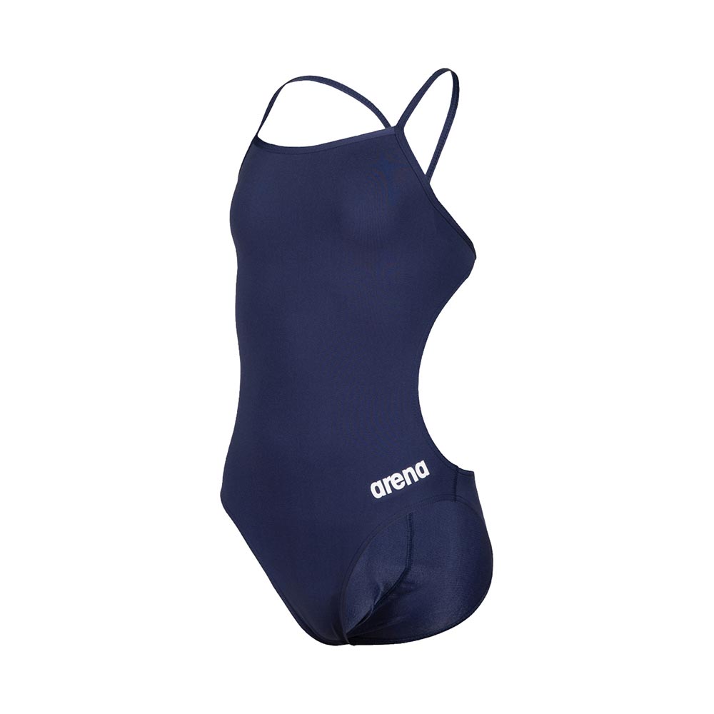 Front view of the navy arena girls team challenge back swimsuit.