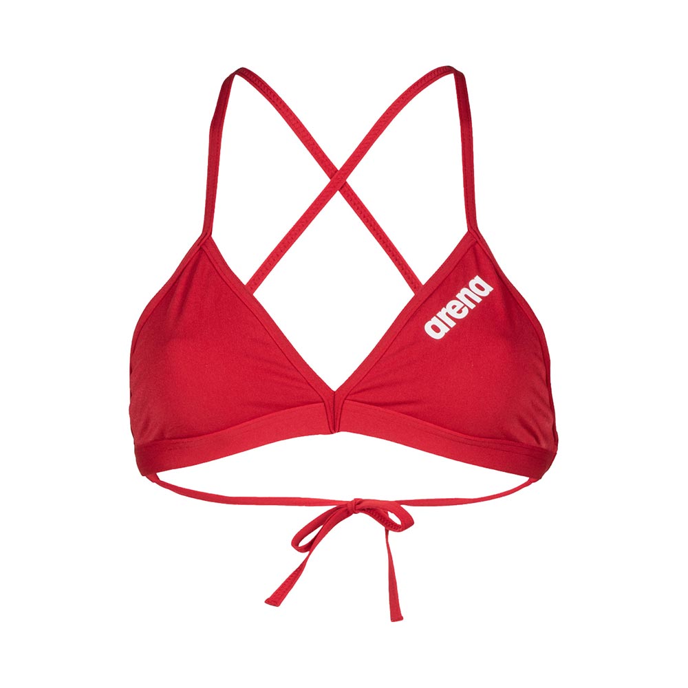 Front view of the arena womens team bikini top in red with arena logo printed in white.