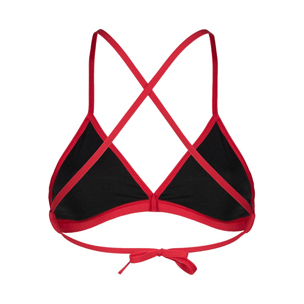 Back view of the arena womens team bikini top in red.