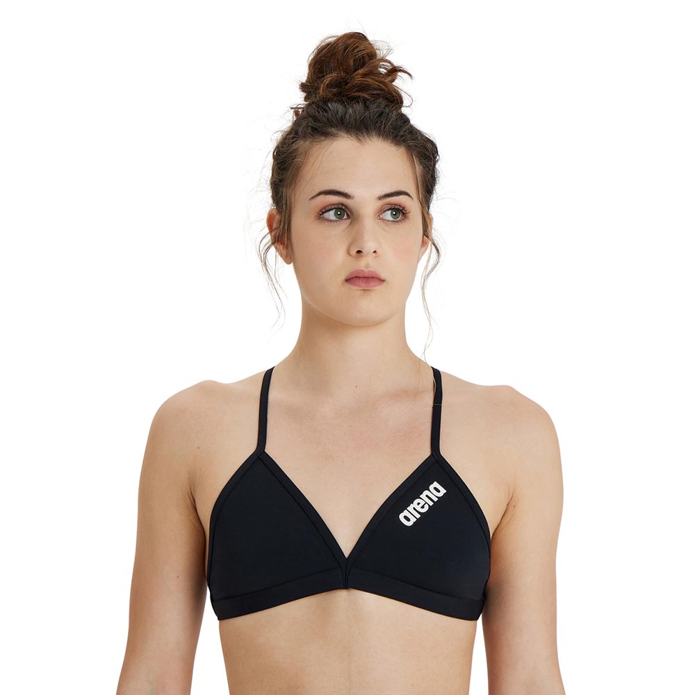 Woman wearing the arena womens team bikini top in black.
