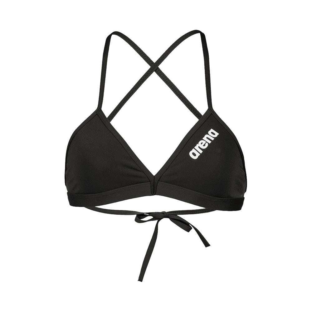 Front view of the arena womens team bikini top in black with arena logo printed in white.
