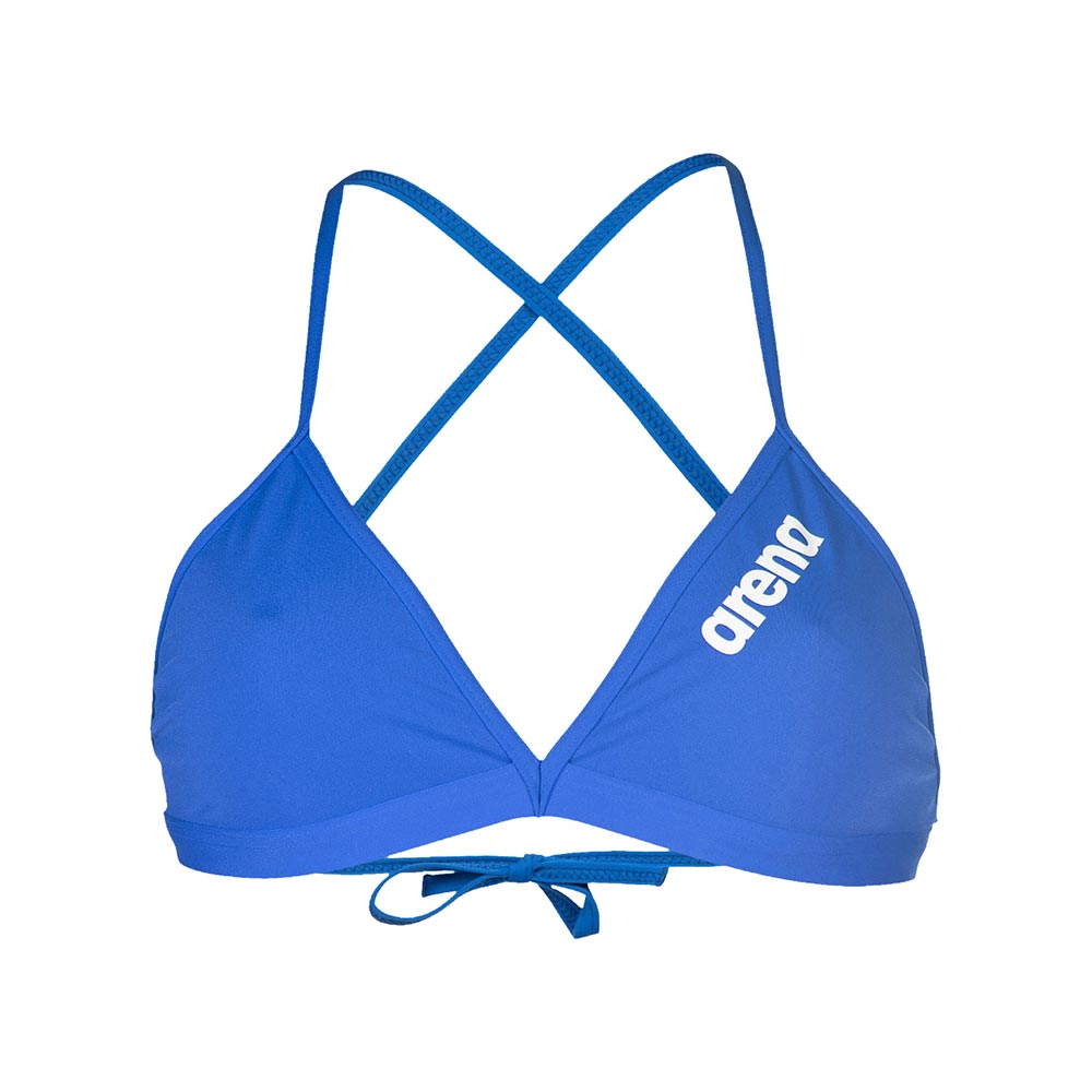 Front view of the royal blue, arena womens team bikini top with arena logo printed in white.