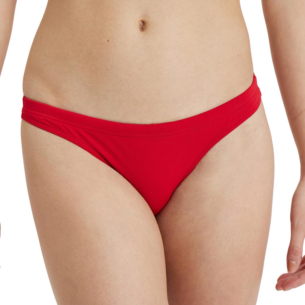 Front view of arena womens team bikini bottoms in red.