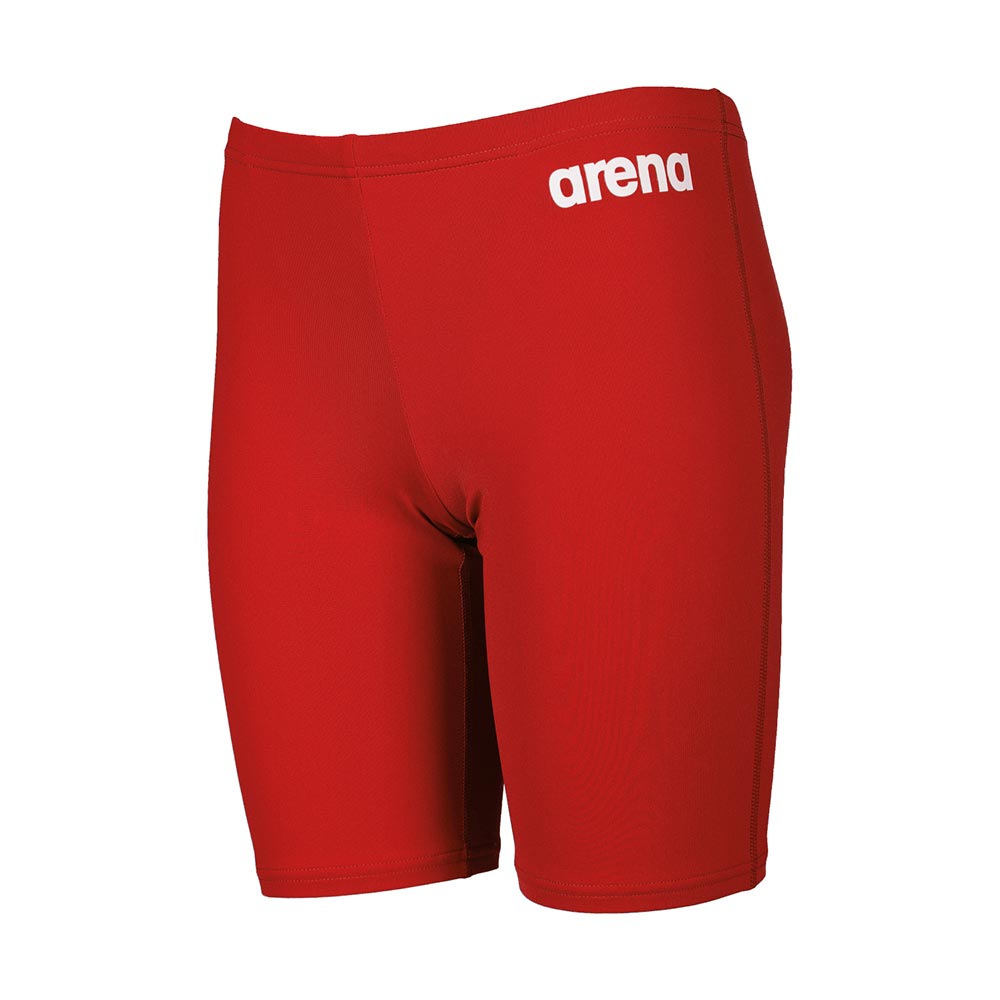 Front view of the arena boys team swim jammer in red. The arena logo is printed in white on the hip.