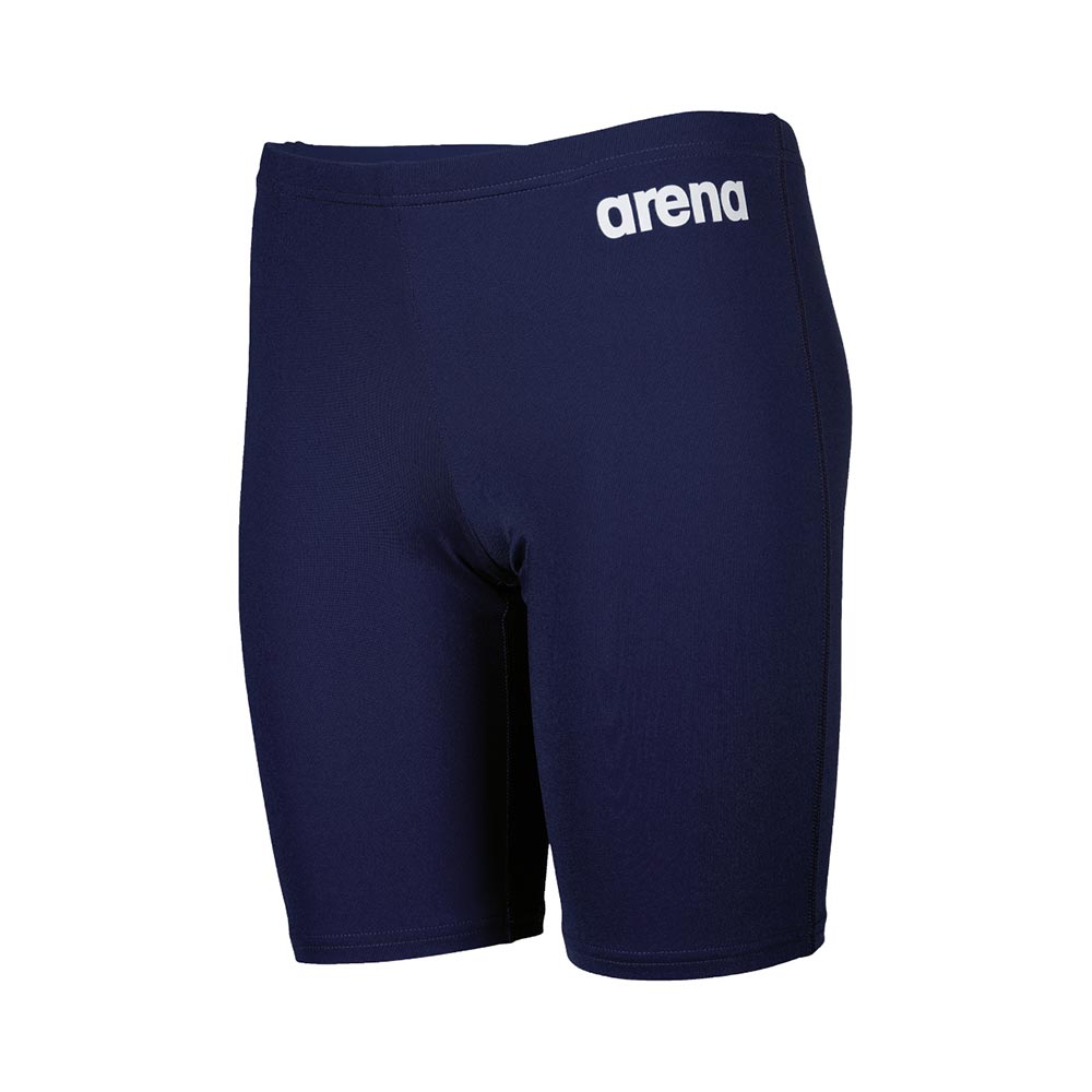 Front view of the arena boys team swim jammer in navy. The arena logo is printed in white on the hip.