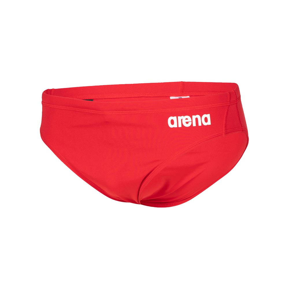 Front view of the arena boys team swim briefs in red, with the arena logo printed in white.