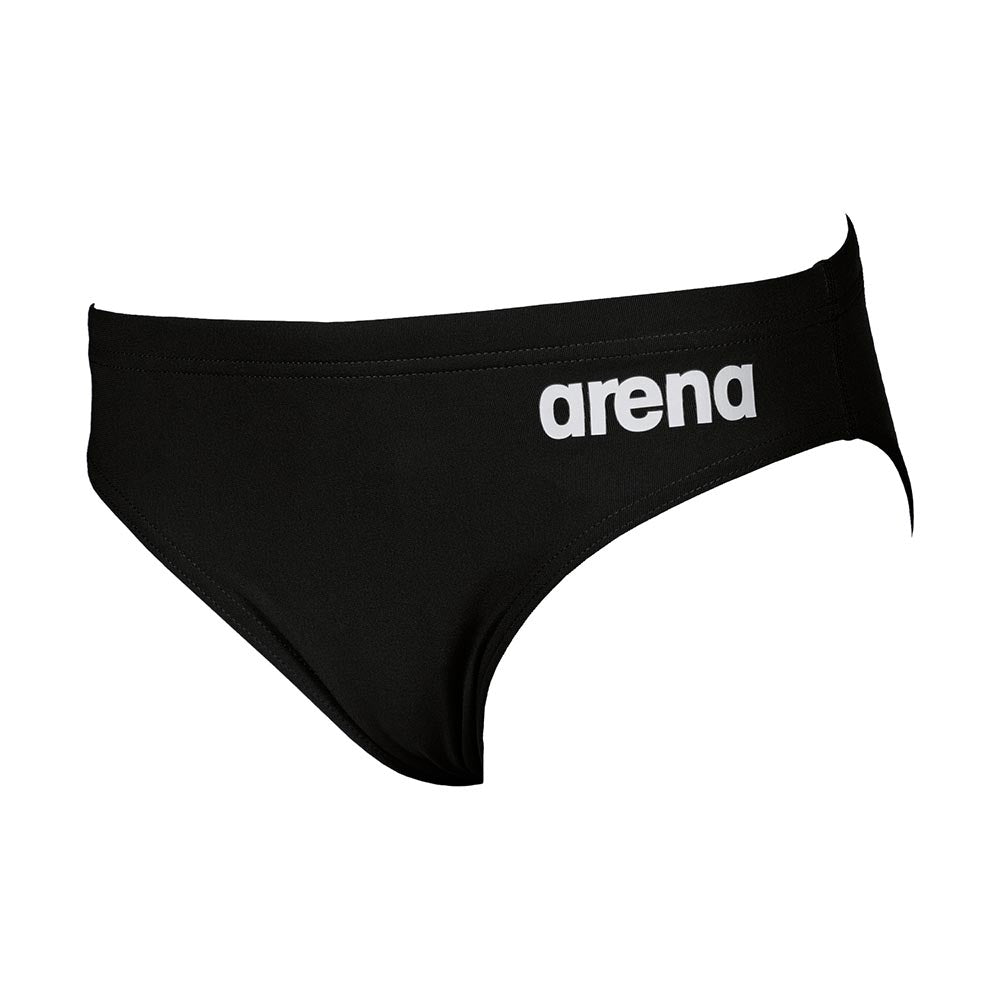 Black swim brief with 'arena' logo printed in white.