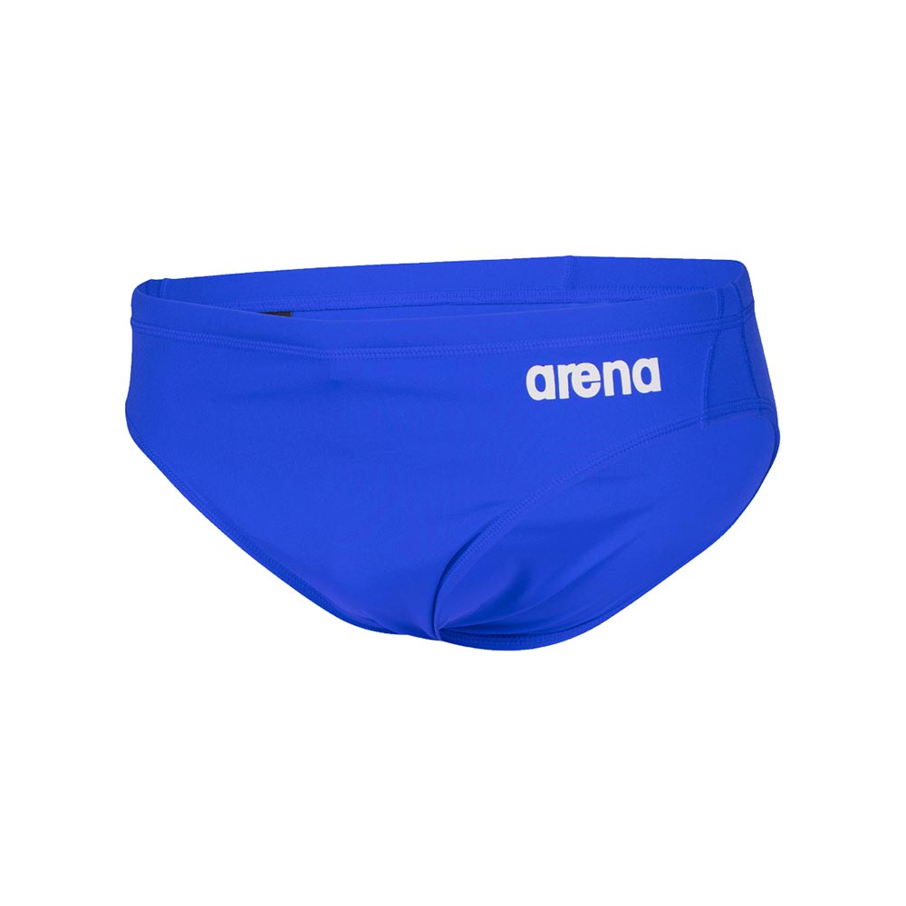 Front view of the arena boys team swim briefs in royal colour, with the arena logo printed in white.