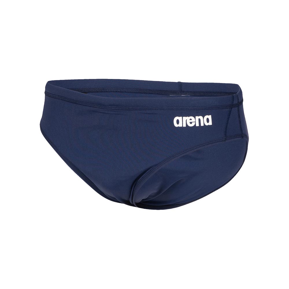Front view of the navy arena boys team swim briefs, with the arena logo printed in white.