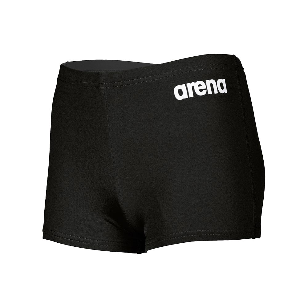 Front view of black arena boys team swim shorts, with arena logo printed in white.