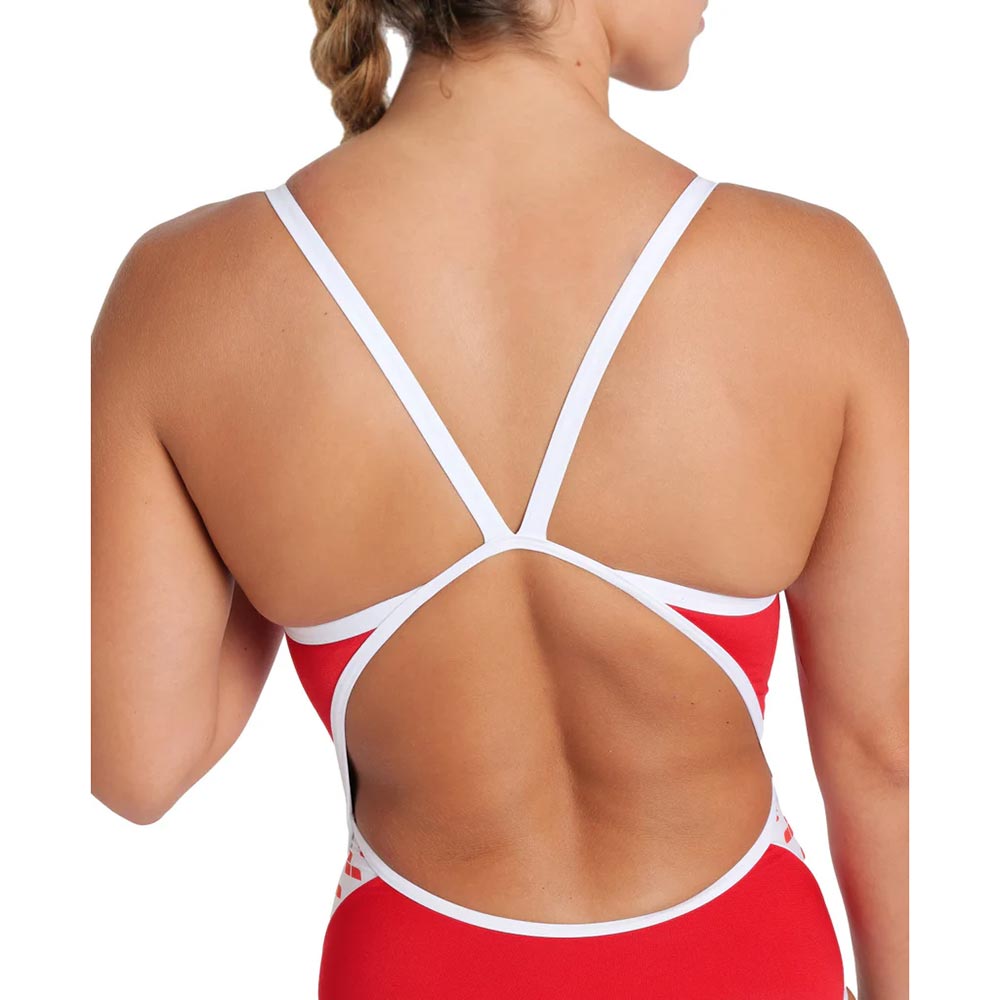 Red arena swimsuit with white back straps.