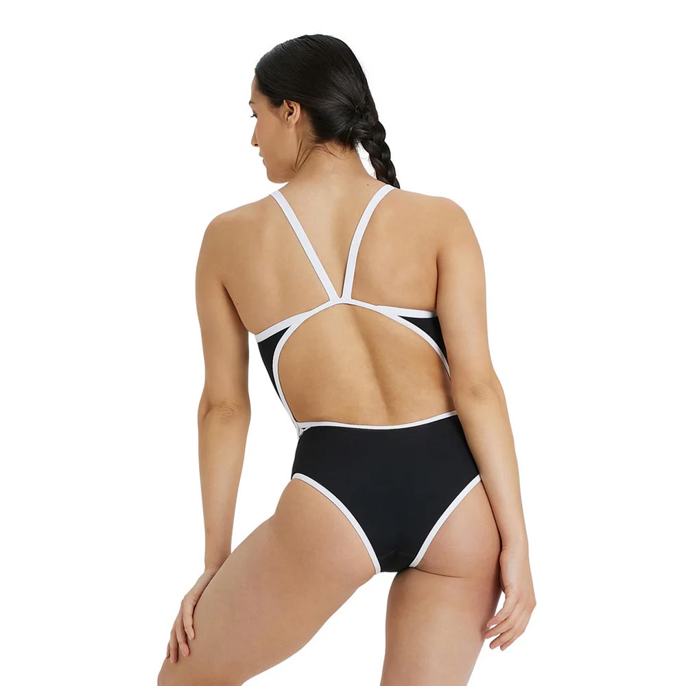 Back view of the arena women's icon swimsuit showing the white straps with black swimsuit fabric.
