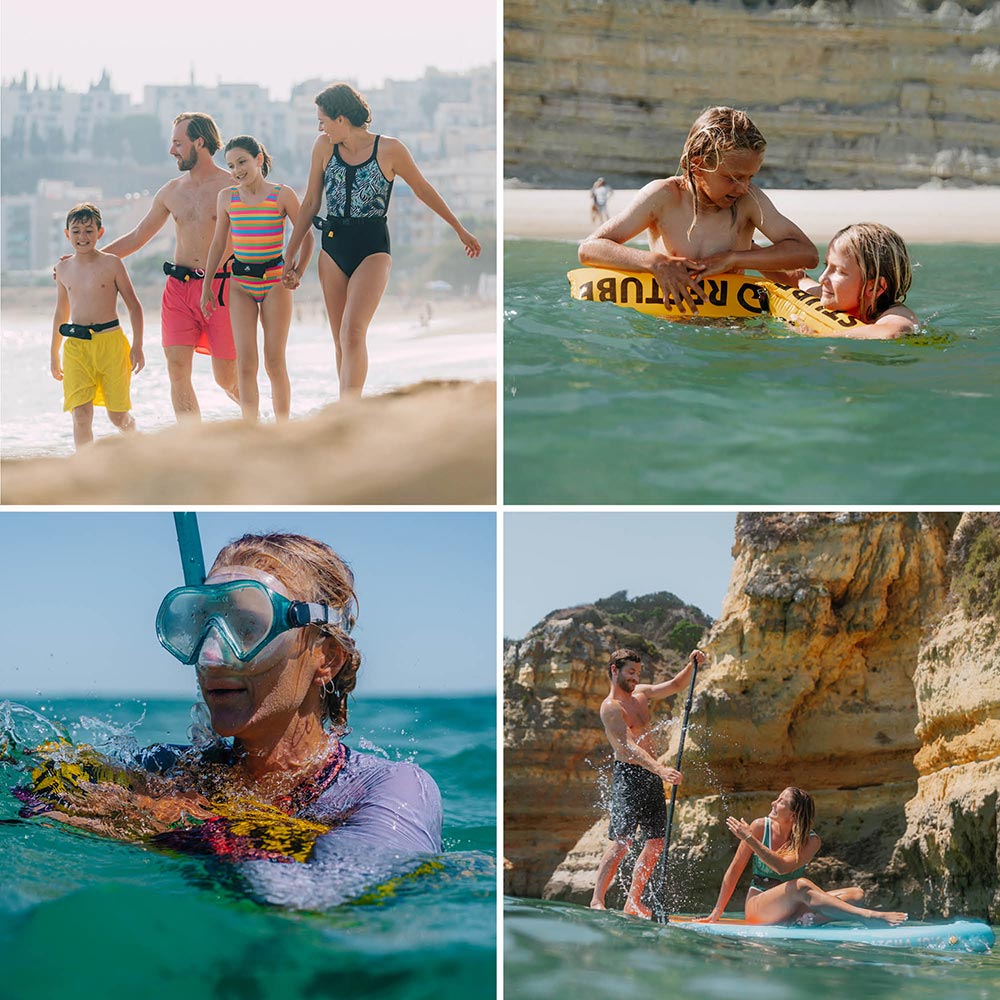 Collage of people enjoying beach activities including swimming, snorkeling, wearing the Restube Beach PFD Belt for water safety.
