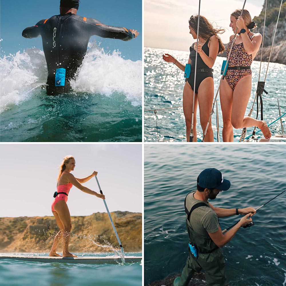 Collage of people enjoying activities in and around the water while wearing the Restube Active PFD Belt for water safety.