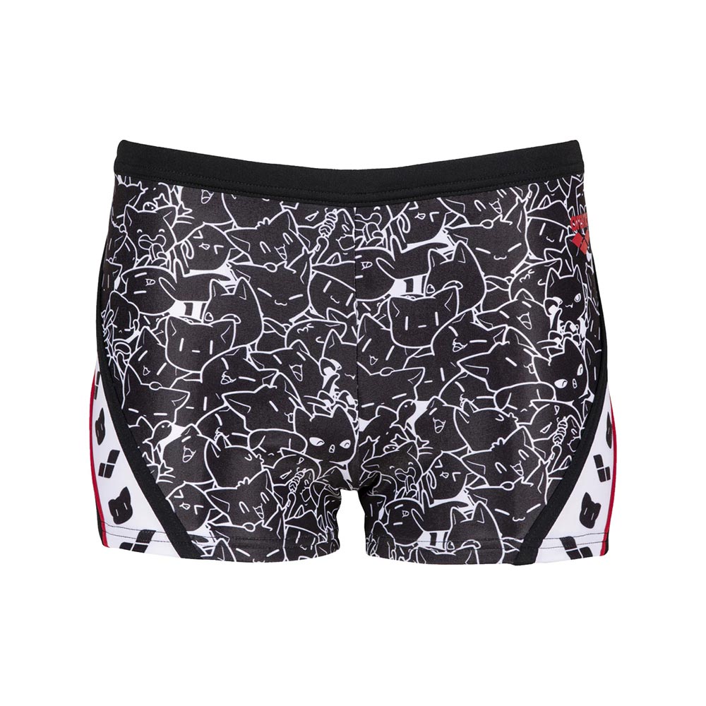 Back view of black arena swim shorts with kitten pattern.