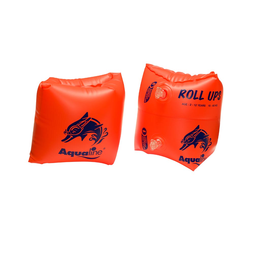 Two orange inflatable arm floats with 'Aqualine' branding