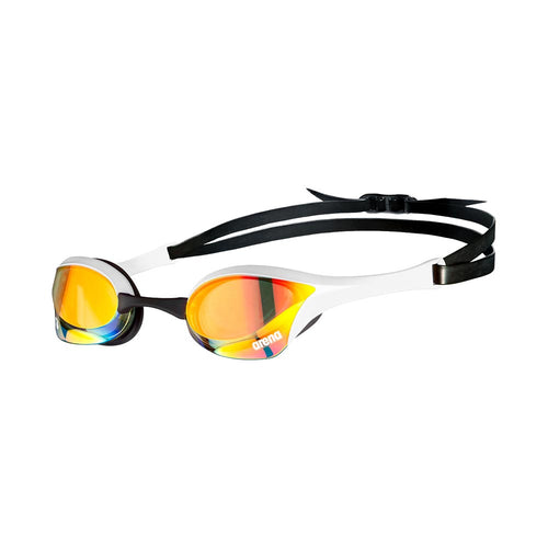 Arena Cobra Ultra Swipe Mirror swim goggles with white frame and iridescent mirrored lenses