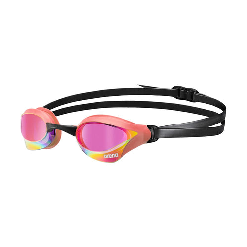 Arena Cobra Core Swipe Mirror swim goggles in coral with pink mirrored lenses and adjustable strap