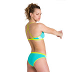 Back view of a woman wearing the arena womens team stripe bikini set for swimming.