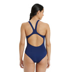 Back view of the arena womens streak swimsuit in navy.