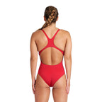 Back view of the arena womens team swim pro swimsuit in red.