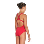 Back view of a girl wearing the arena girls team swim pro swimsuit in red.