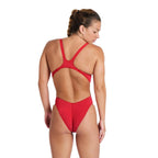 Back view of a woman wearing the arena team swim tech swimsuit in red.