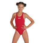 Girl wearing a red arena swimsuit with arena logo printed in white.