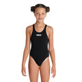 Young girl wearing a black swimsuit with Arena logo printed in white.
