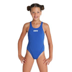 Front view of a girl wearing a royal blue arena girls team swim tech swimsuit.