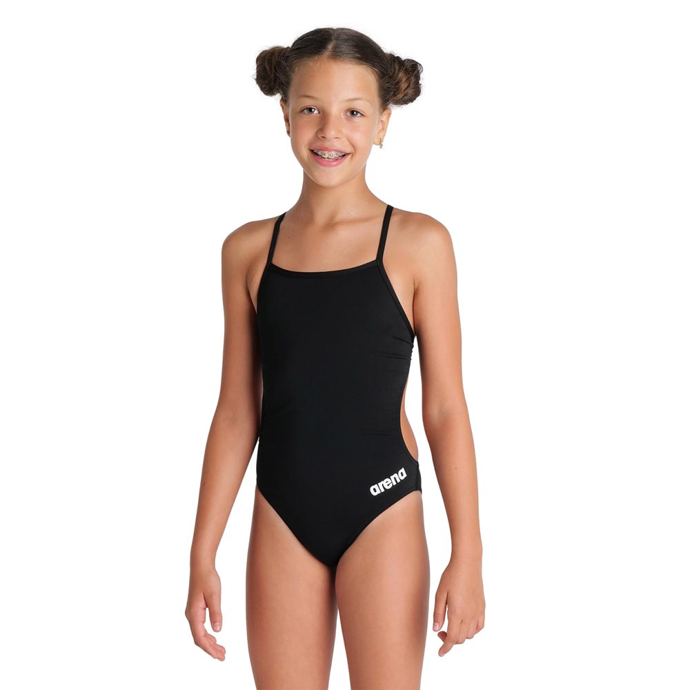 Girl wearing a black arena girls team challenge back swimsuit.