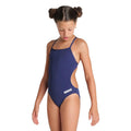 Girl wearing a navy arena girls team challenge back swimsuit with arena logo printed in white.