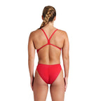 Back view of a red arena women's one piece swimsuit.