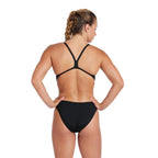 Back view of a woman wearing the arena team control swimsuit in black.