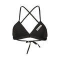 Front view of the arena womens team bikini top in black with arena logo printed in white.
