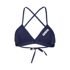 Front view of the arena womens team bikini top in navy with white printed arena logo.