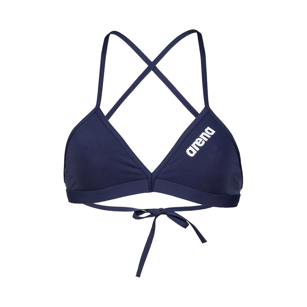 Front view of the arena womens team bikini top in navy with white printed arena logo.