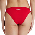 Back view of red arena womens team bikini bottoms with arena logo printed in white.