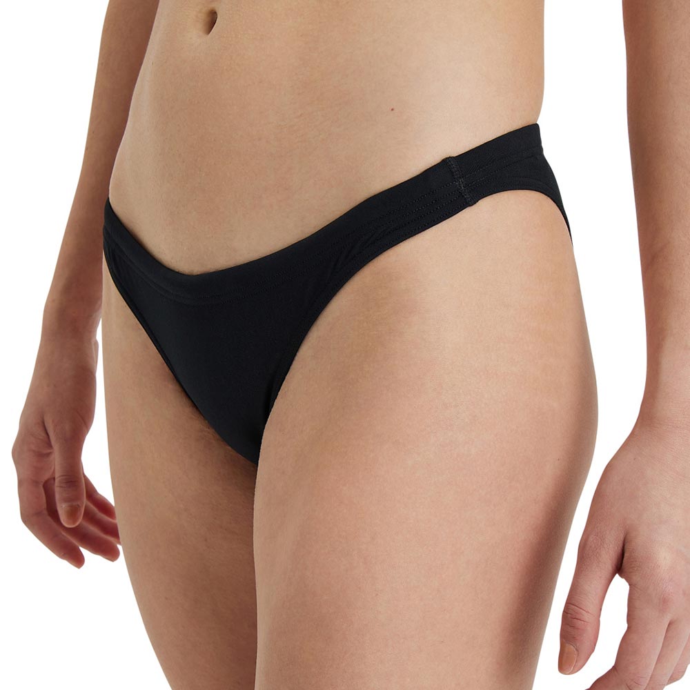 Close up of the black arena womens team bikini bottoms.