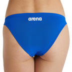 Back view of arena womens team bikini bottoms in royal blue with arena logo.