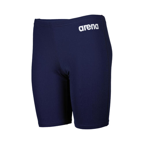Front view of the arena boys team swim jammer in navy. The arena logo is printed in white on the hip.