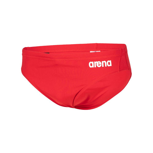 Front view of the arena boys team swim briefs in red, with the arena logo printed in white.