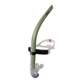 Arena Swim Snorkel III in olive green with clear mouthpiece and head strap.